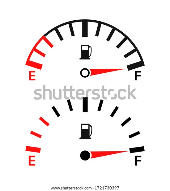 Gauge of fuel. Guage of gas, gasoline. Full or\
empty tank of petrol or diesel in car. Indicators on dashboard in\
auto. Dial of measurement, level, control power. Efficiency of pump\
equipment. Vector.