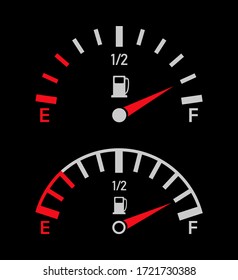 Gauge Of Fuel. Guage Of Gas Or Petrol. Full Or Empty Tank Of Gasoline Or Diesel In Car. Indicators With Arrow On Dashboard In Truck. Panel Of Measurement Power. Automobile And Drive Background. Vector