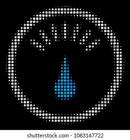 Gauge halftone vector icon. Illustration style is pixelated iconic gauge symbol on a black background. Halftone matrix is created of spheric points.