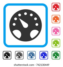 Gauge icon. Flat grey iconic symbol in a light blue rounded rectangular frame. Black, gray, green, blue, red, orange color versions of Gauge vector. Designed for web and app user interface.