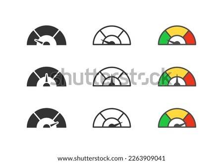 Gauge icon. Level indicator symbol. Customer satisfaction, tachometer, speedometer, infographic, manometer, pressure, temperature. Outline, flat and colored style. Flat design. 