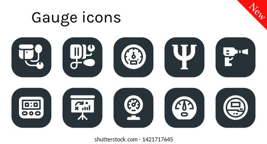 gauge icon set. 10 filled gauge icons.  Simple modern icons about  - Sphygmomanometer, Blood pressure, Tachometer, Psi, Wheel pressure, Speedometer, Dashboard, Meter, Voltmeter