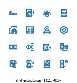 gauge icon set. Collection of 16 filled gauge icons included Pressure, Score, Voltmeter, Manometer, Metering, Engineering, Meter