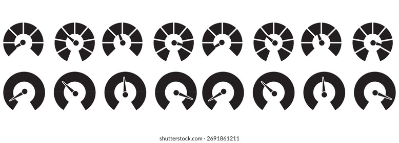 Icono de manómetro, velocímetro, tacómetro, medidores de presión, combustible y temperatura para salpicaderos. Iconos de medidor de velocímetro. Escala de Vector, nivel de rendimiento. Indicador de velocidad. Infografía de riesgo.