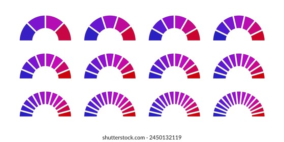 Gauge icons for speedometer, parking meter, thermometer, performance monitor, circle infographics. Measuring low and high levels of barometer, car dashboard