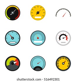 Gauge indicator odometer icons set. Flat illustration of 9 gauge indicator odometer vector icons for web