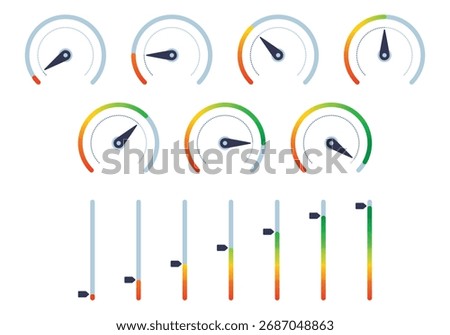 Gauge Levels V2 visuals depict performance tracking via colored meters, needles, and sliders, expressing status from low risk to optimal range. Outline style collection