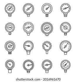 Gauge manometer icons set outline vector. Pressure meter. Machine sensor