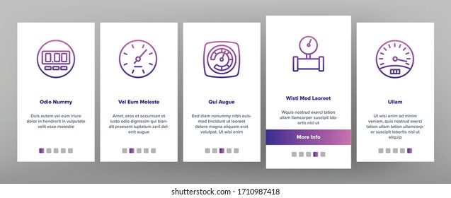 Gauge Meter Equipment Onboarding Icons Set Vector. Speedometer And Car Fuel Gauge, Gaz Measurement Pressure Industrial Tool Illustrations