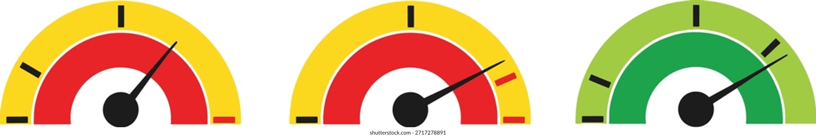 Conjunto de ícones do medidor de bitola, indicadores de desempenho em preto e branco, níveis de classificação, visuais de painel de controle, perfeito para design analítico, gráficos de avaliação de riscos, métricas de satisfação e conteúdo de ilustração de interface de usuário orientada por dados