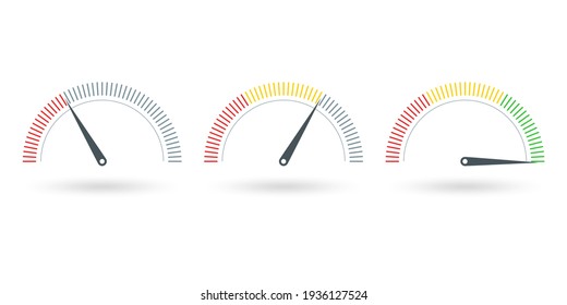 Gauge Or Meter Indicator Set. Speedometer Icon With Red, Yellow, Green Scale And Arrow. Progress Performance Chart. Vector Illustration.