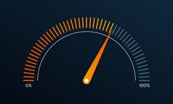 Gauge or meter indicator. Speedometer icon with red, yellow, green scale and arrow. Progress performance chart. Vector illustration.