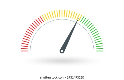 Gauge Or Meter Indicator. Speedometer Icon With Red, Yellow, Green Scale And Arrow. Progress Performance Chart. Vector Illustration.