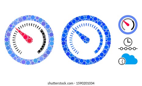 Gauge mosaic of small circles in various sizes and color hues, based on gauge icon. Vector random circles are organized into blue mosaic. Dotted gauge icon in usual and blue versions.