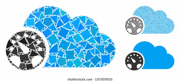 Gauge mosaic of tremulant parts in various sizes and color tones, based on gauge icon. Vector inequal parts are organized into collage. Gauge icons collage with dotted pattern.