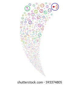 Gauge random fireworks stream. Vector illustration style is flat bright multicolored iconic symbols on a white background. Object fountain created from scattered symbols.