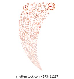 Gauge random fireworks stream. Vector illustration style is flat intensive red and orange iconic symbols on a white background. Object fountain constructed from scattered pictographs.