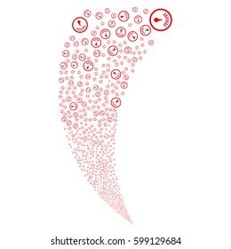 Gauge random fireworks stream. Vector illustration style is flat red iconic symbols on a white background. Object fountain created from scattered pictographs.