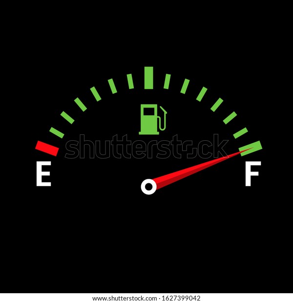 Gauge\
vector tank full icon. Car dashboard with fuel level in the tank.\
vector illustration isolated on black\
background