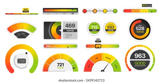 Gauges measuring scale. Progress bar and tachometer dials, energy level and speedometer, quality rating and score infographic. Vector set