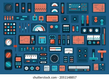 Gauges and sensors collection. Relays and switches for technical equipment and machines dashboard indicators for modern vector transport.