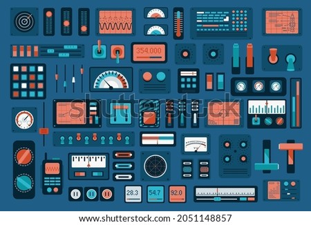 Gauges and sensors collection. Relays and switches for technical equipment and machines dashboard indicators for modern vector transport.