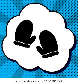 Gauntlet sign illustration. Vector. Black icon in bubble on blue pop-art background with rays.