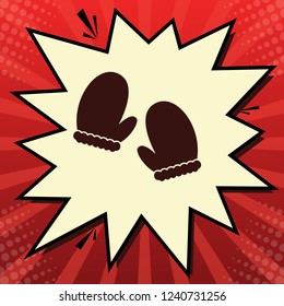 Gauntlet sign illustration. Vector. Dark red icon in lemon chiffon shutter bubble at red popart background with rays.