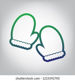 Gauntlet sign illustration. Vector. Green to blue gradient contour icon at grayish background with light in center.