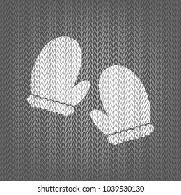 Gauntlet sign illustration. Vector. White knitted icon on gray knitted background. Isolated.