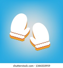 Gauntlet sign illustration. Vector. White icon with 3d warm-colored gradient body at sky blue background.