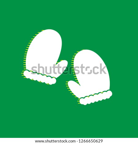 Gauntlet sign illustration. Vector. White flat icon with yellow striped shadow at green background.