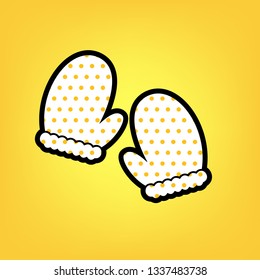 Gauntlet sign illustration. Vector. Yellow polka dot white icon with black contour at warm yellow background.