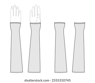 Gauntlets Gloves Elbow length Fashion hand accessory clothing technical illustration garment. Vector front palm back view for Men, women, unisex style flat template CAD mockup sketch outline on white