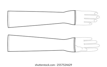 Gauntlets Gloves Elbow length Fashion hand accessory clothing technical illustration garment. Vector front palm back view for Men, women, unisex style flat template CAD mockup sketch outline on white