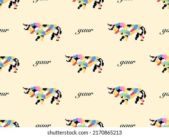 Gaur cartoon character seamless pattern on yellow background. Pixel style