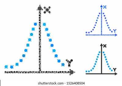 Gauss plot mosaic for gauss plot icon of small circles in different sizes and color tints. Vector small circles are united into blue mosaic. Dotted gauss plot icon in usual and blue versions.