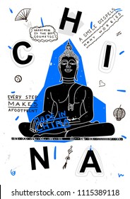 Gautama Buddha, China. T-Shirt Design & Printing, clothes, bags, posters, invitations, cards, leaflets etc. Vector illustration hand drawn. 