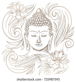 Gautama buddha with closed eyes and floral pattern vector illustration