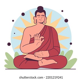 Gautama Buddha, Gründer des Buddhismus, der indischen Religion oder der philosophischen Tradition . Buddha sitzt in einer Lotusposition und predigt einen Weg nach Nirvana. Yoga praktiziert Ursprung. Flache Vektorgrafik