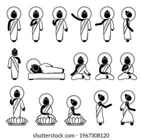 Gautama Buddha God Monk Poses Postures In Stick Figure Icons. Vector Illustrations Of Gautama Buddha Standing, Sitting, And Laying Down. 