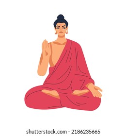 Gautama Buddha, dios profesor indio de budismo en India. Hinduismo hindú deidad humana sentada en loto budista posando con anhaya palmgesture mudra. Ilustración vectorial plana aislada en fondo blanco