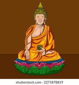 Gautama Buddha line decorative drawing. Sitting or meditating buddha statue Digital art collage combined Gold Color