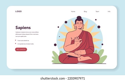 Gautama Buddha web banner or landing page. Founder of Buddhism, Indian religion or philosophical tradition . Buddha sitting in a lotus position preaching a path to nirvana. Flat vector illustration