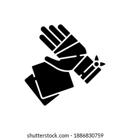 Gauze bandages and pads black glyph icon. Adhesive wrap for hand injury. Joint trauma aid. Damaged wrist hospital treatment. Silhouette symbol on white space. Vector isolated illustration