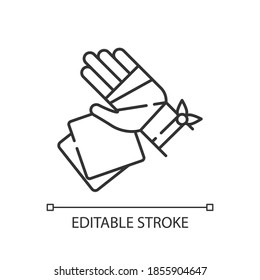 Gauze bandages and pads linear icon. Adhesive wrap for hand injury. Joint trauma aid. Thin line customizable illustration. Contour symbol. Vector isolated outline drawing. Editable stroke