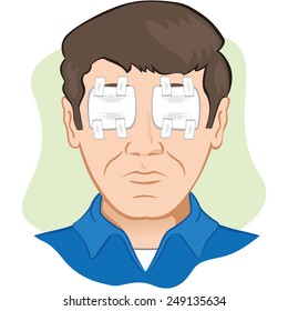 Gauze dressing with person in the eye irritated or injured, the front face. Ideal for training materials, catalogs and institutional