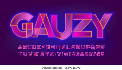 Gauzy alphabet font. Neon light 3d letters and numbers. Stock vector typeface for your design.