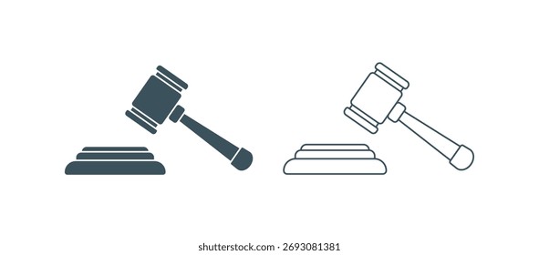 Gavel e bloco ícone conjunto, preenchido e versões de contorno. Vetor de justiça, lei, leilão e símbolo de tribunal