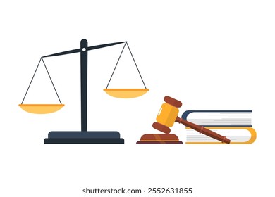 Gavel, livros e libra - lei vetorial e ilustração de justiça. 